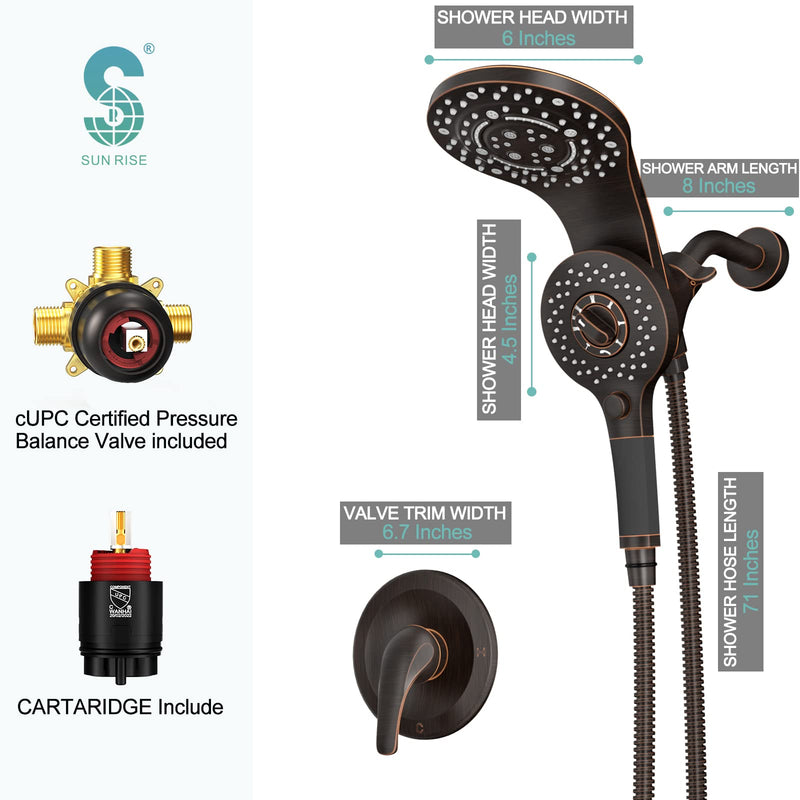 SR SUN RISE 1.8 GPM Single Handle Shower Faucet 8-Spray 2-in-1 Dual Shower Head with Handheld Magnetic Docking System with Pause Setting for Saving Water