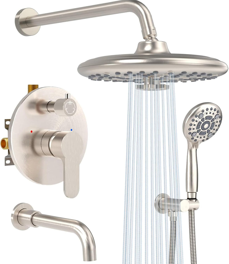 SR SUN RISE 10 Inches Wall Mounted Shower System with Tub Spout Shower Tub Faucets Sets Complete Newer Model High Pressure 8-Spray Rain Shower Head and 6-Setting Handheld Combo