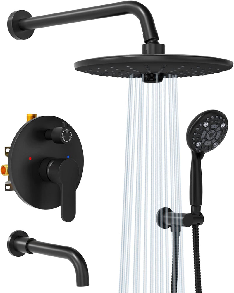 SR SUN RISE 10 Inches Wall Mounted Shower System with Tub Spout Shower Tub Faucets Sets Complete Newer Model High Pressure 8-Spray Rain Shower Head and 6-Setting Handheld Combo