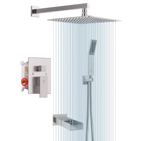 12 Inch Brushed Nickel Wall Mounted Shower System with Tub Spout