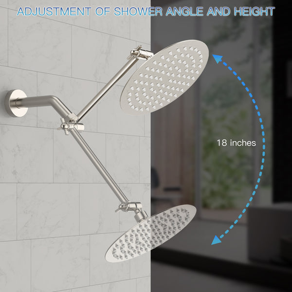 Brushed Nickel Shower System, Rain Shower Head With Adjustable Extension Shower Arm Combo