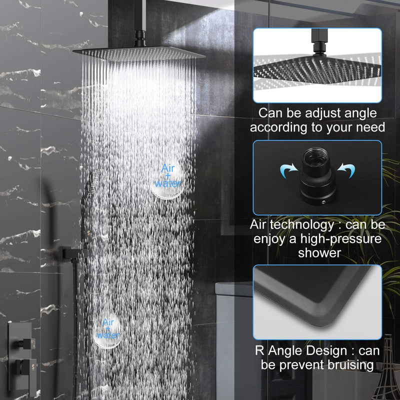 10/12/16 Inch Matte Black Ceiling Mounted Shower System