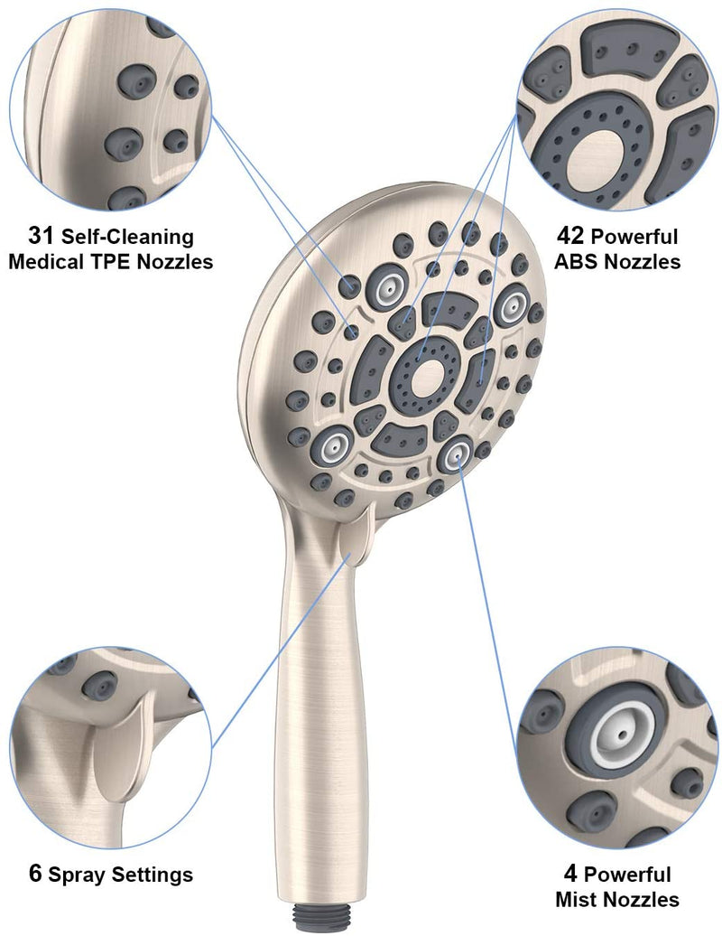 6-Settings Brushed Nickel High Pressure Handheld Shower Head Set