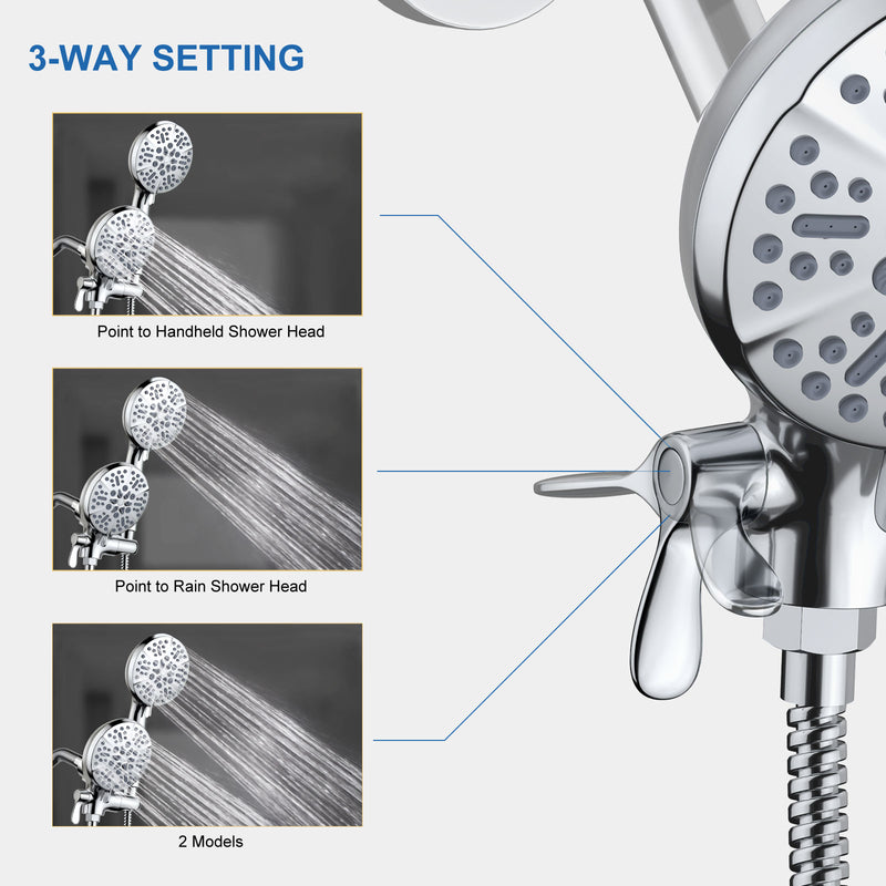 7+7 Multi Functions High Pressure Dual Shower Head with Hose, Polished Chrome