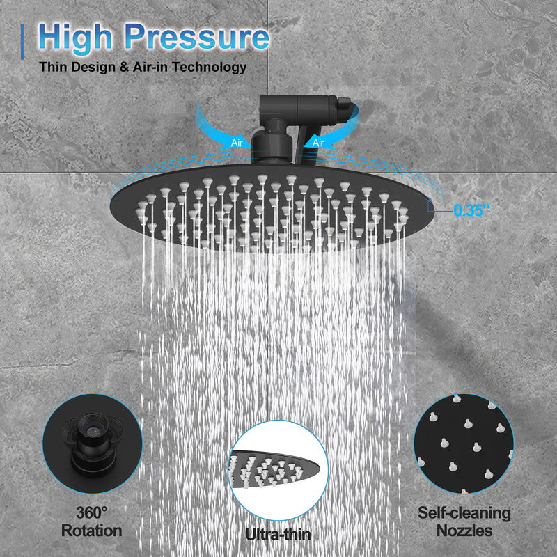 Matte Black Shower System, Rain Shower Head With Adjustable Extension Shower Arm Combo