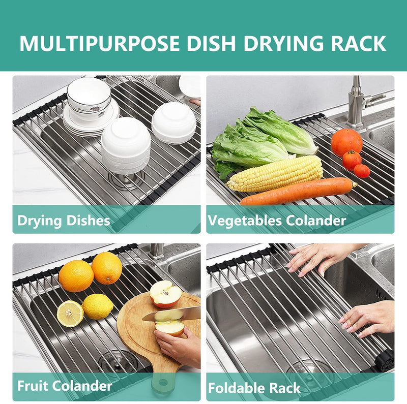 Stainless Steel Dish Drying Rack Over Kitchen Sink, Dishes and