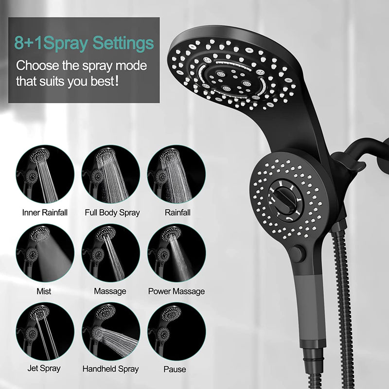 2-in-1 ‎Matte Black Magnetic Shower Tub Faucet with 8 Function Rain Shower Head and Tub