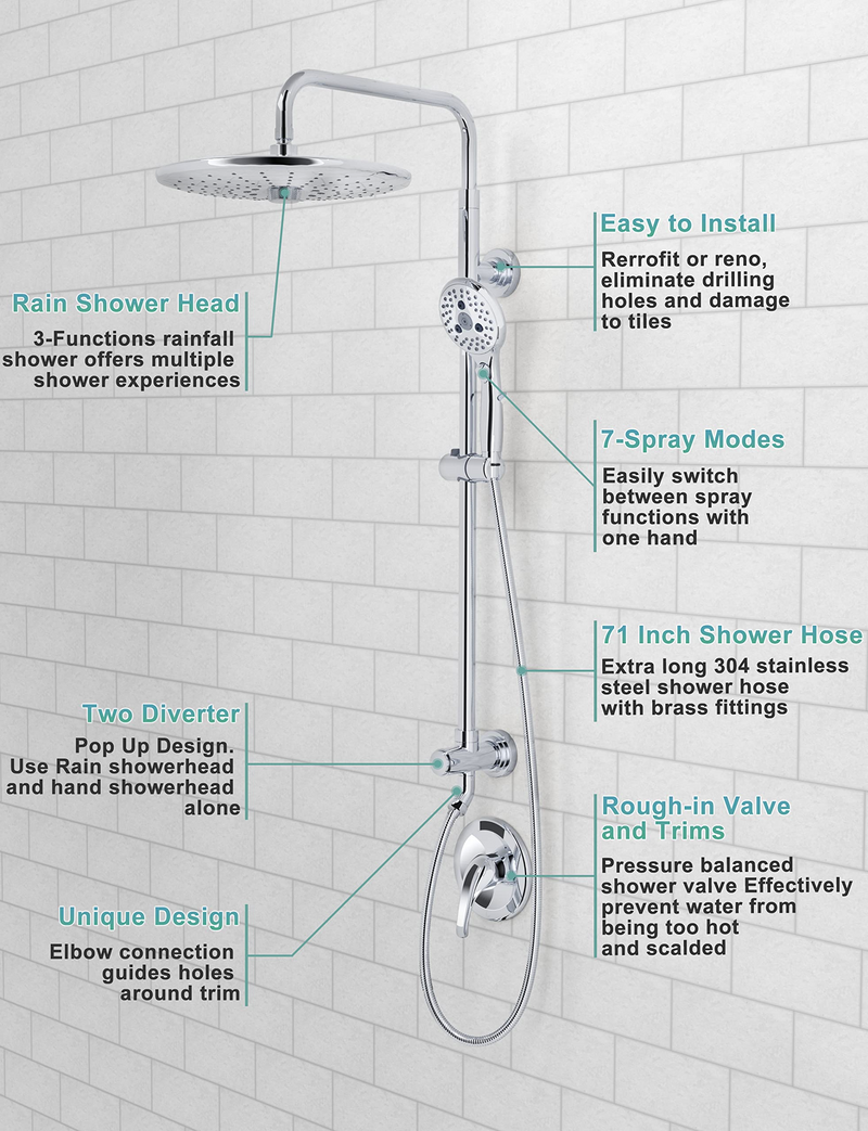 Polished Chrome 10 Inch shower System with Height Adjustable Slide Bar and Rough-in Valve&Trims