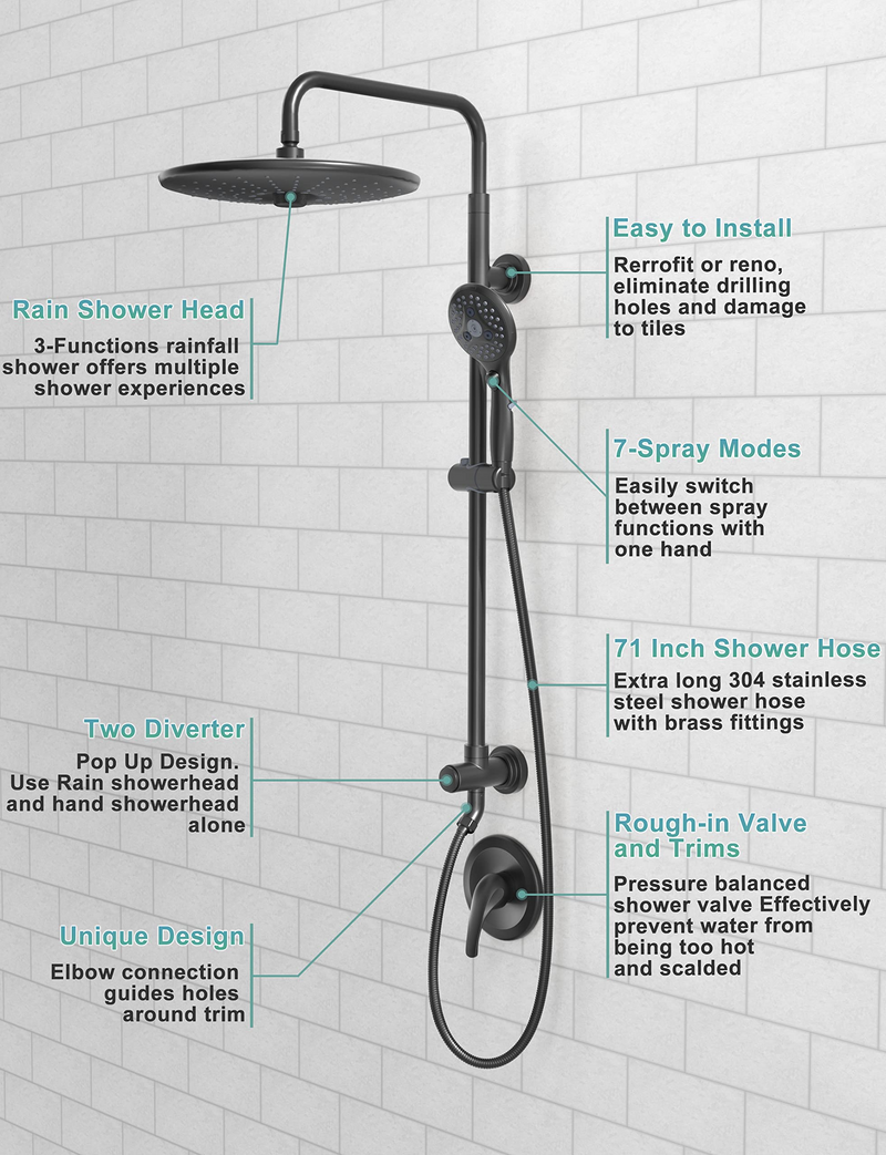 Matte Black 10 Inch shower System with Height Adjustable Slide Bar and Rough-in Valve&Trims