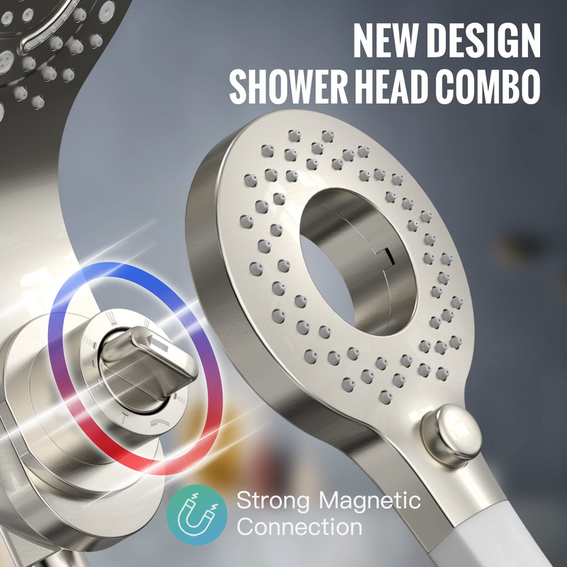 2-in-1 Brushed Nickel Magnetic Shower Tub Faucet with 8 Function Rain Shower Head and Tub