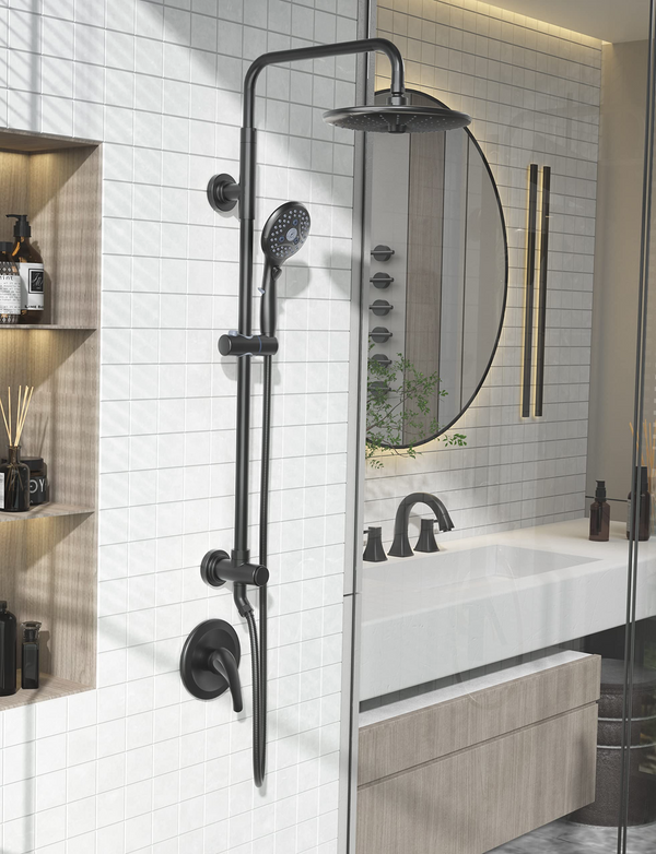 Matte Black 10 Inch shower System with Height Adjustable Slide Bar and Rough-in Valve&Trims