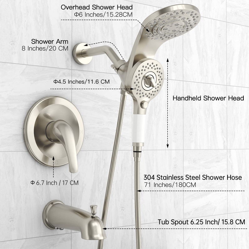 2-in-1 Brushed Nickel Magnetic Shower Tub Faucet with 8 Function Rain Shower Head and Tub